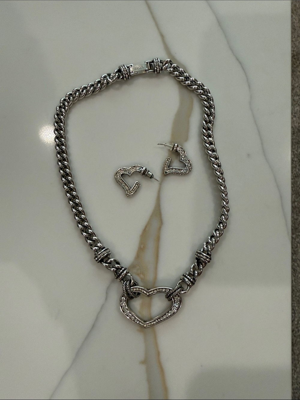 Brighton Silver Pave Heart Necklace with Matching Heart Hoop Earrings